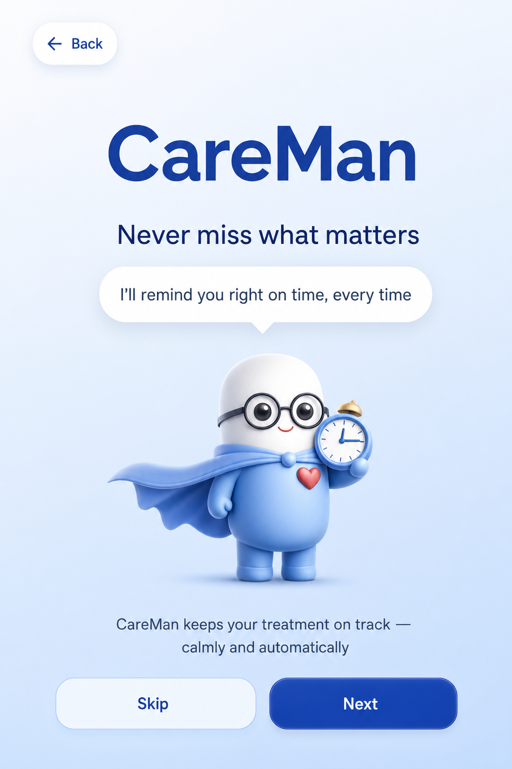 CareMan onboarding screen about medication reminders