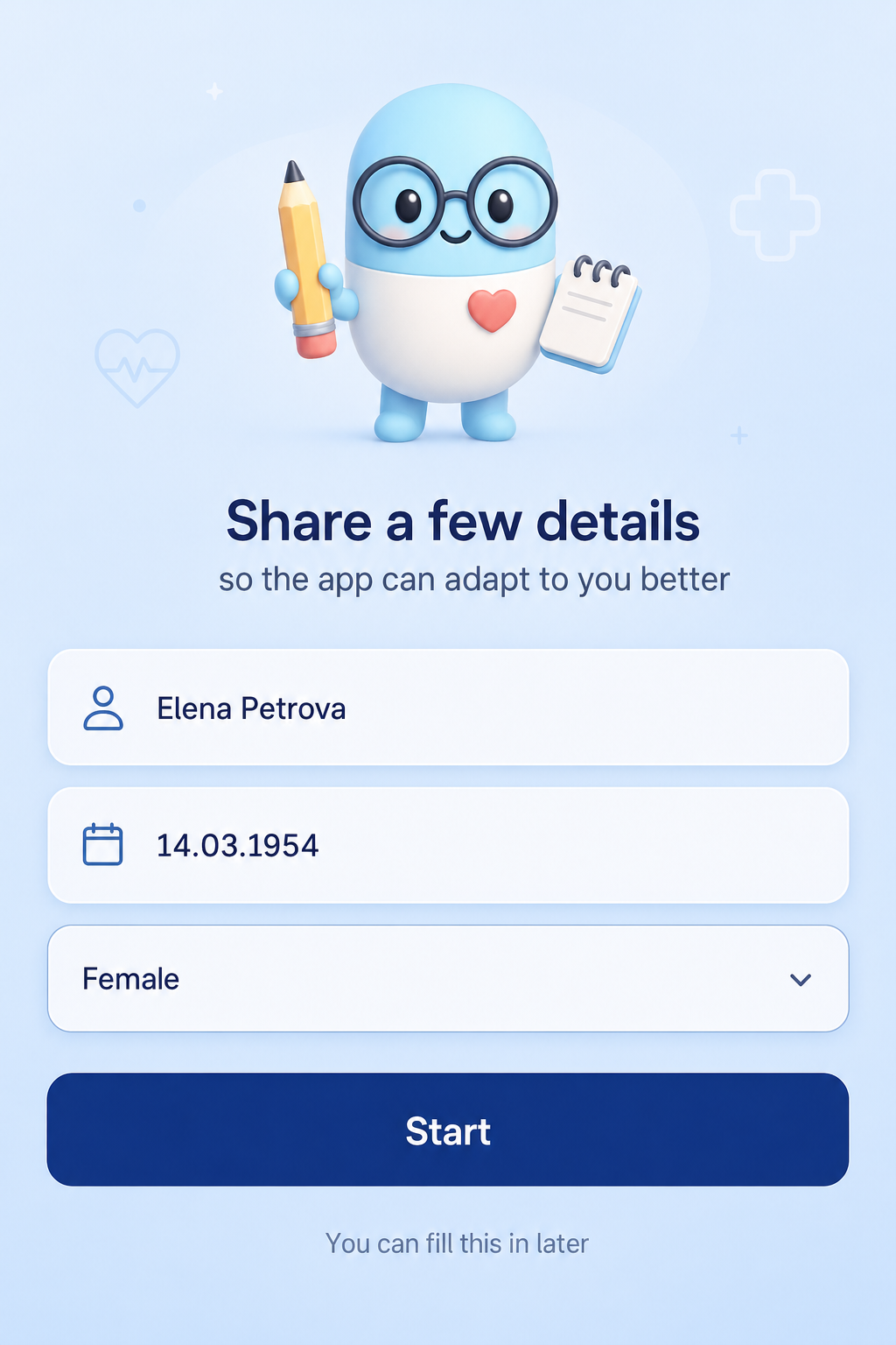 CareMan profile setup screen with user name, birth date, and gender