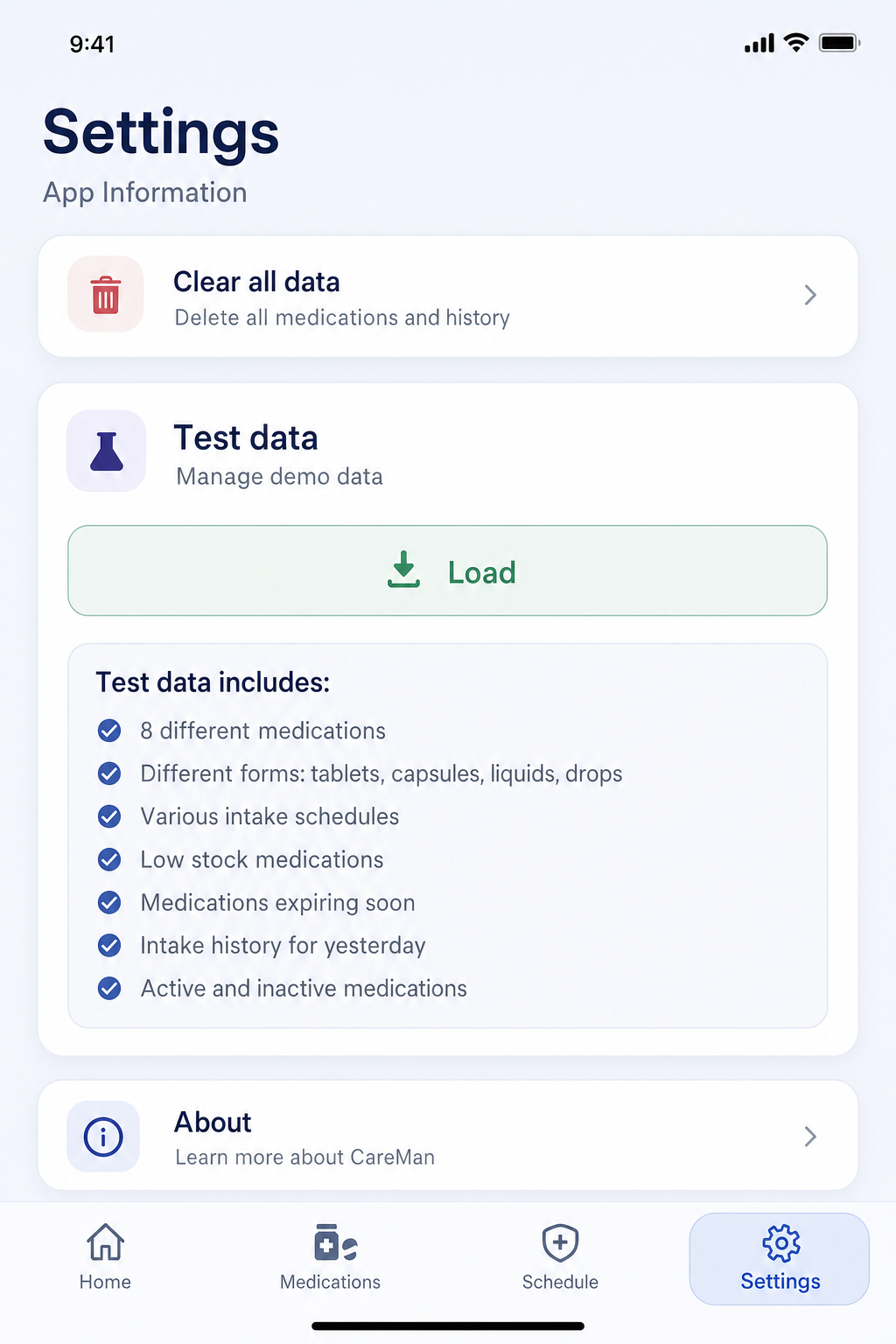 CareMan settings section for test data loading