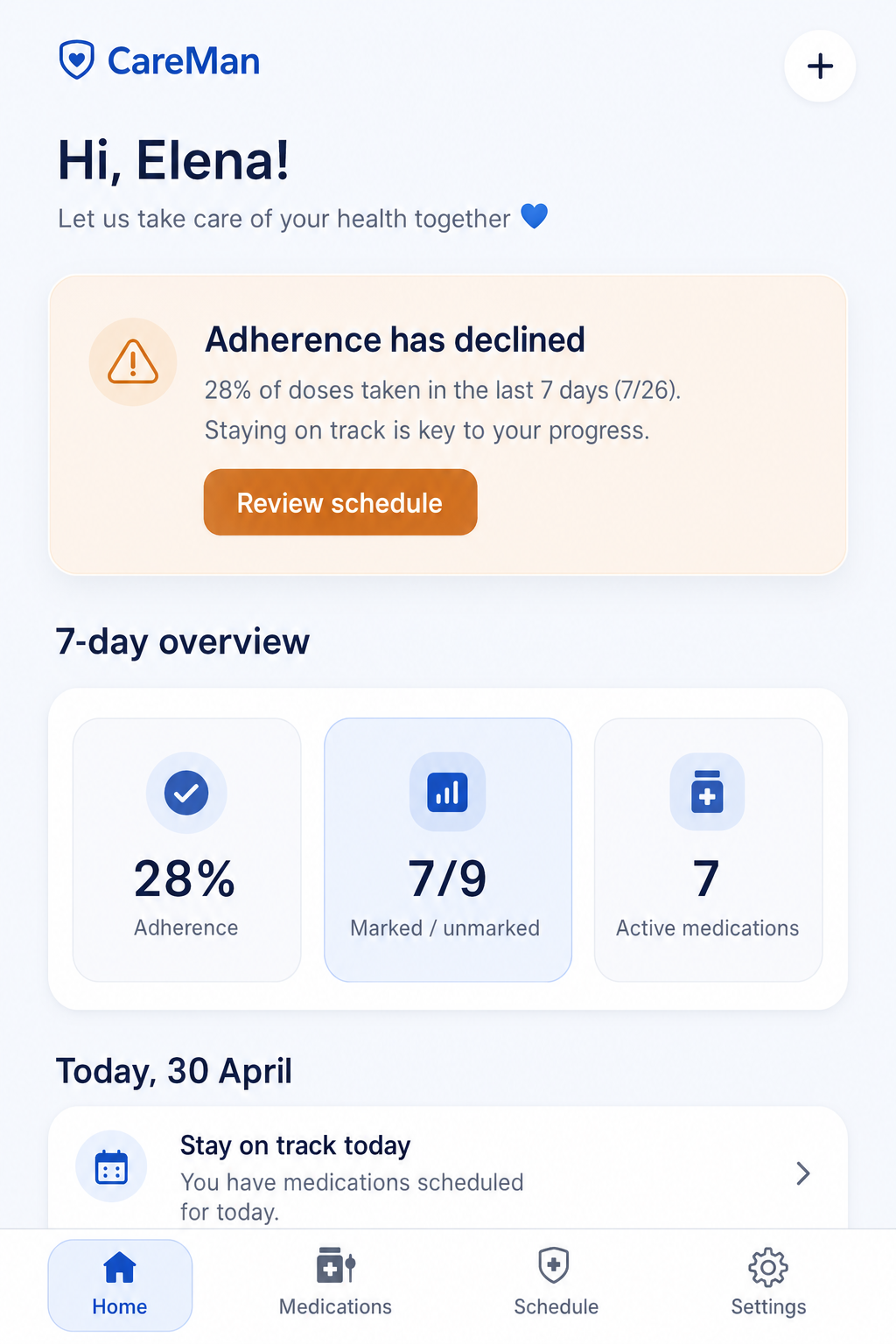 CareMan home dashboard with adherence overview and English status messaging