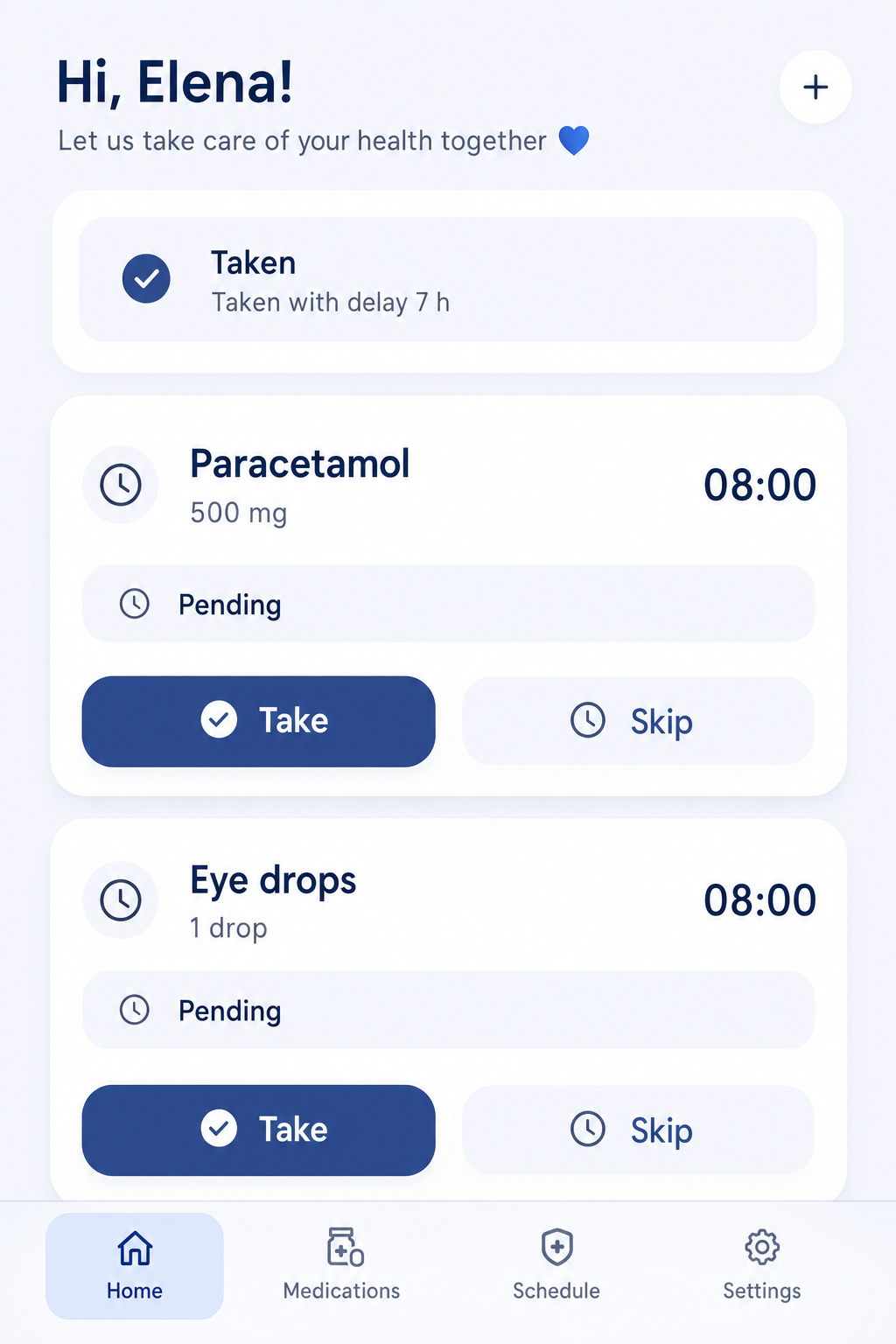 CareMan dose tracking screen showing a taken status and pending medication actions
