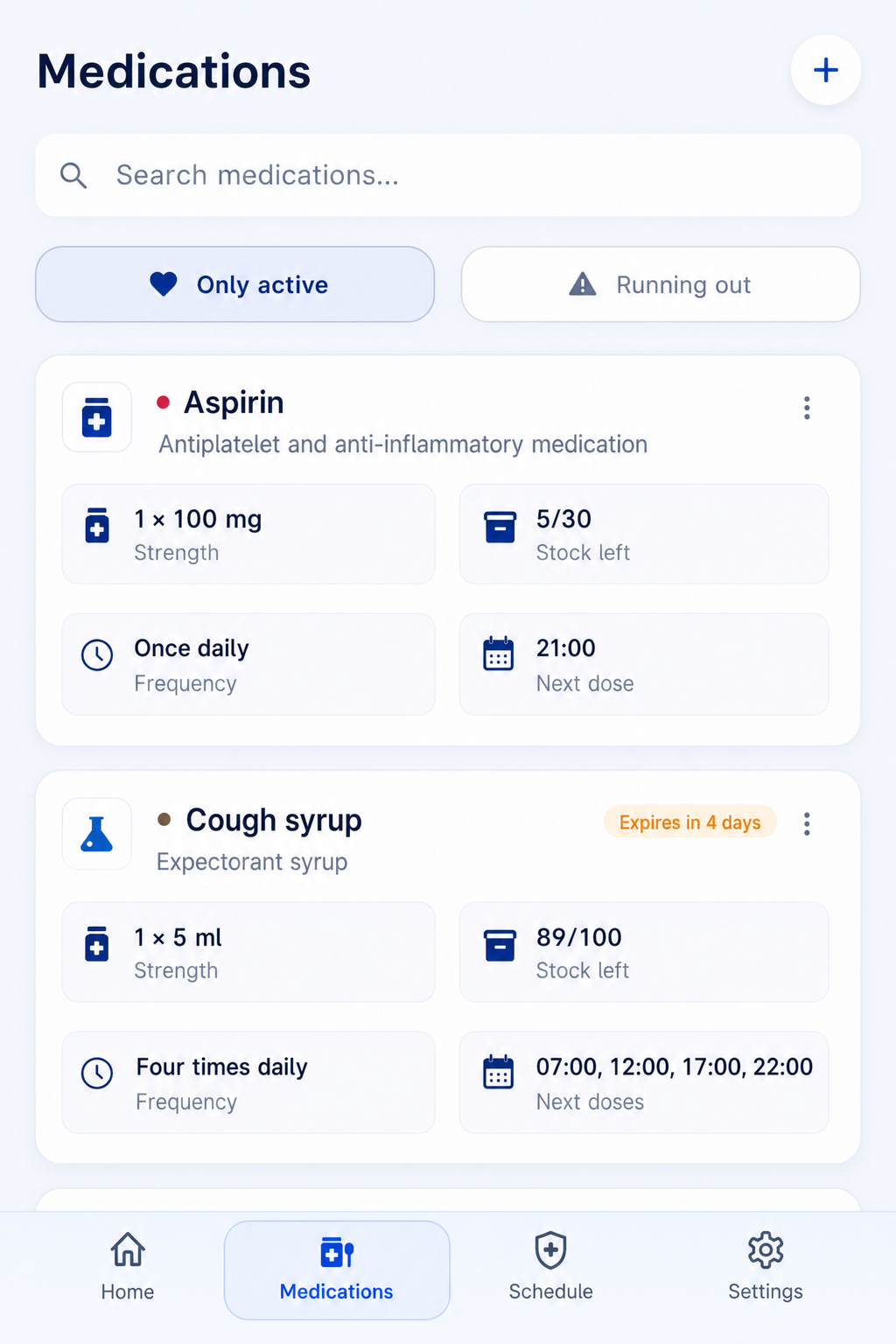 CareMan medications list with stock levels and timing details