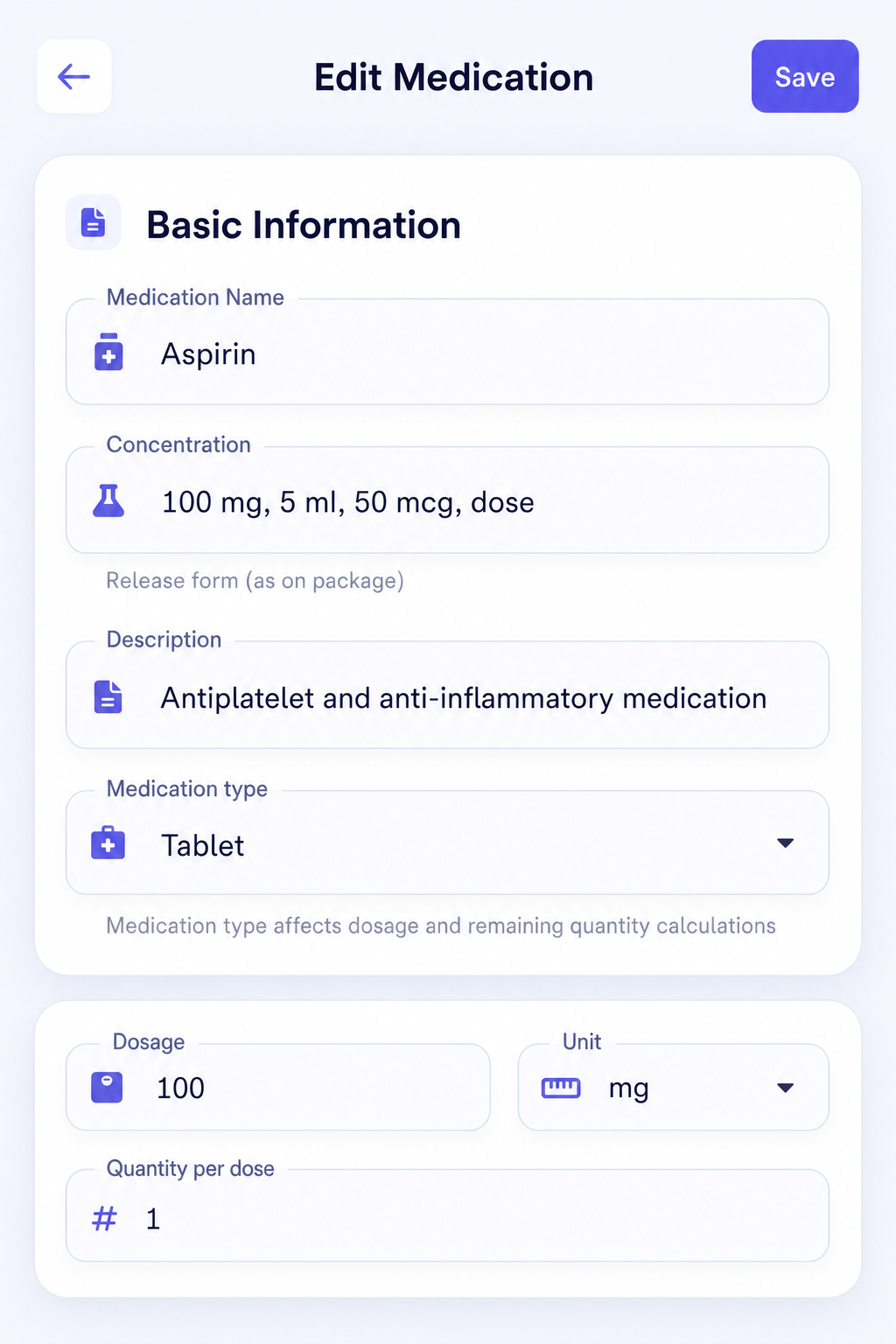 CareMan medication detail edit screen