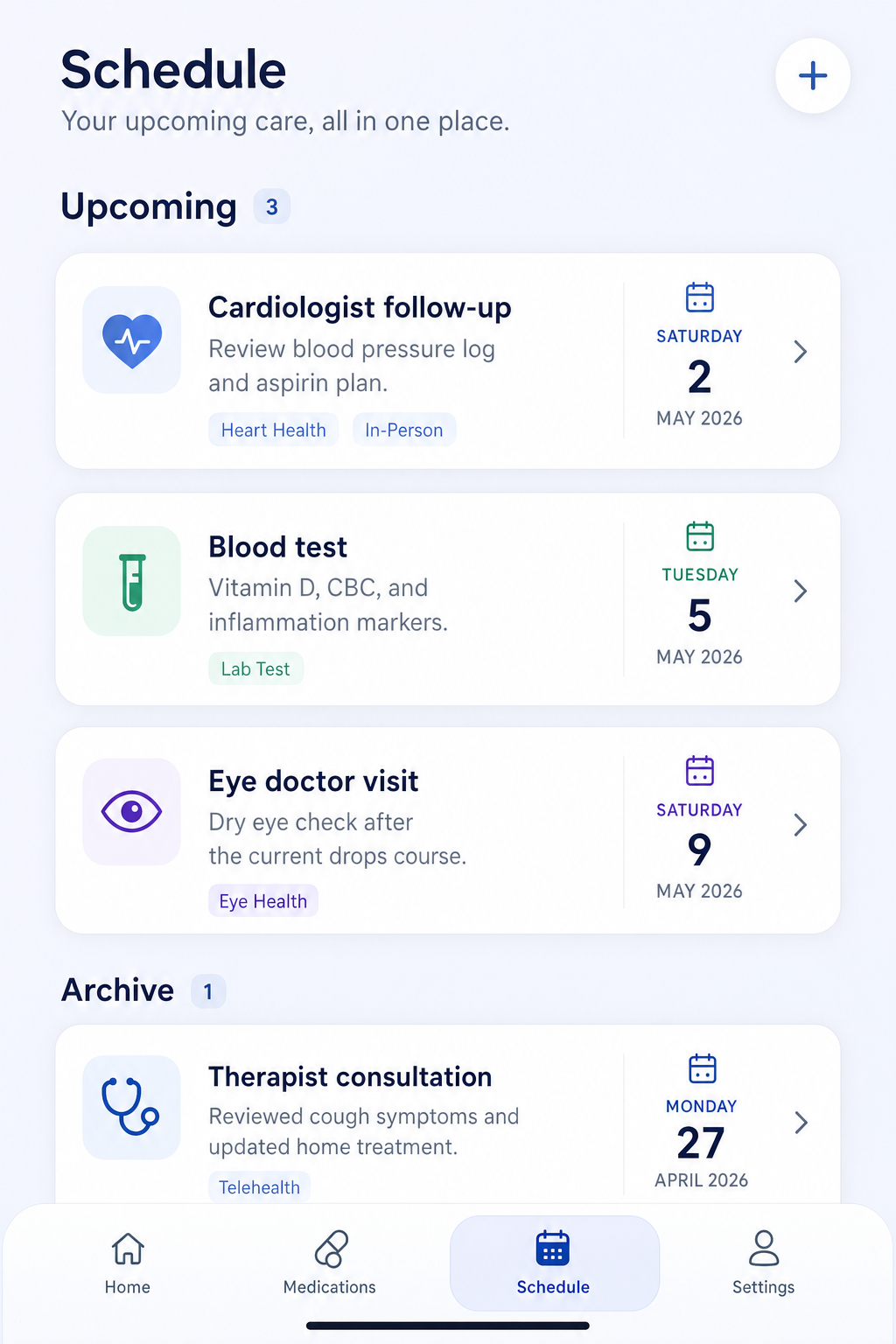 CareMan schedule page with upcoming check-ups and archived events