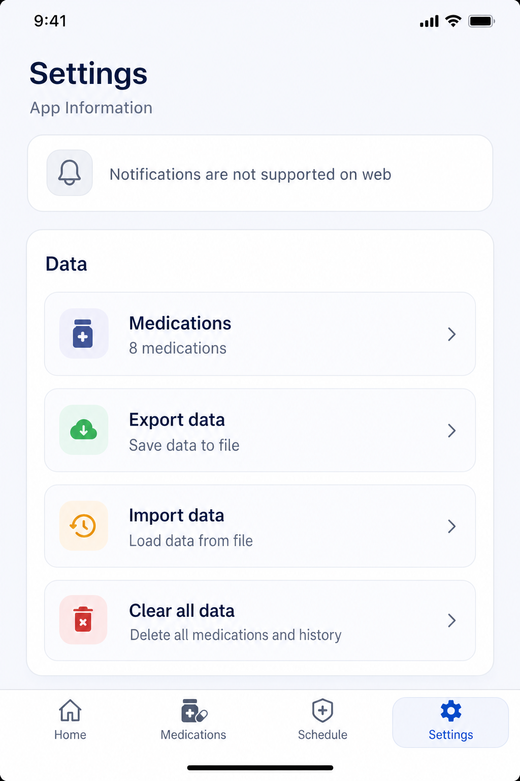 CareMan settings for data export, import, and deletion